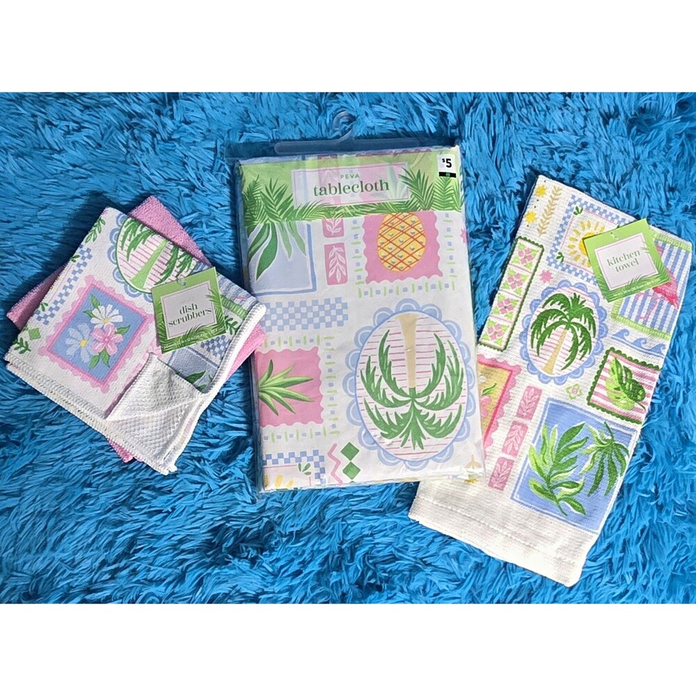 Palm Beach Tropical Kitchen Set- Tablecloth 52"x70", 2pk Dish Scrubbers, & Towel